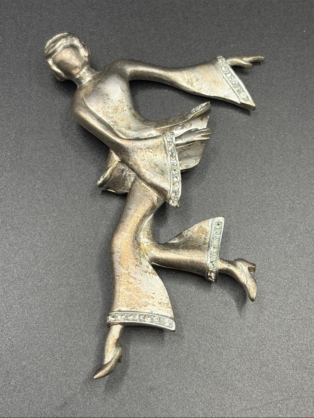 C. Kellner Signed Vintage Dancing Woman Lady Figure Silver Tn Rhinestone Brooch